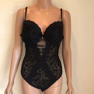 RACHEL Rachel Roy Black Laced Sheer Babydoll Onesie Push-Up Bra Women’s Size XL